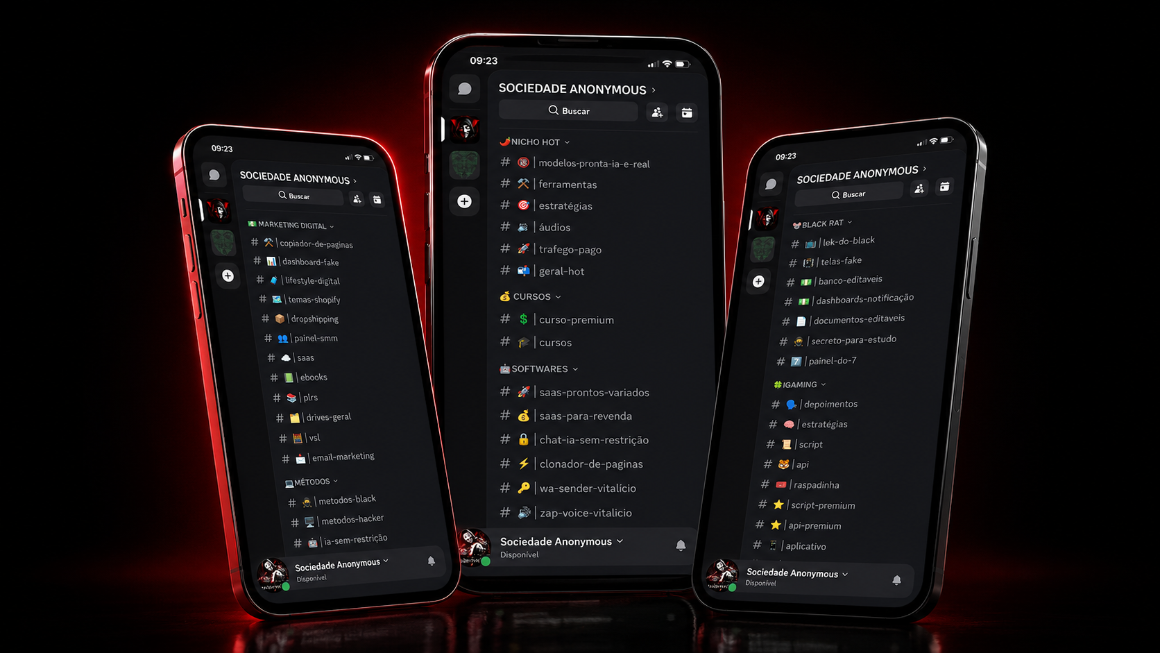Prévia visual da comunidade Sociedade Anonymous em três celulares
